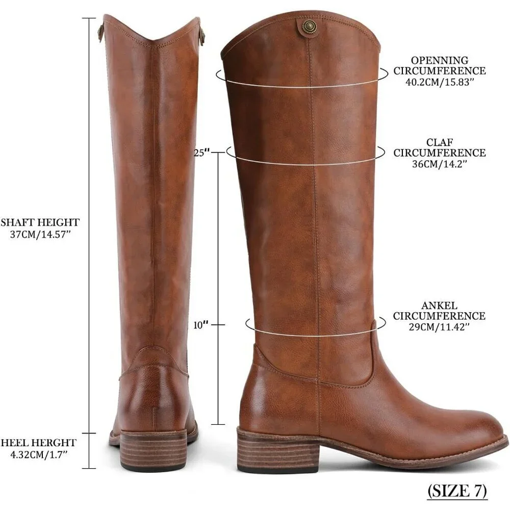 Women's Cognac Round Toe Chunky Heel Faux Suede Tall Knee High Boots Rubber
